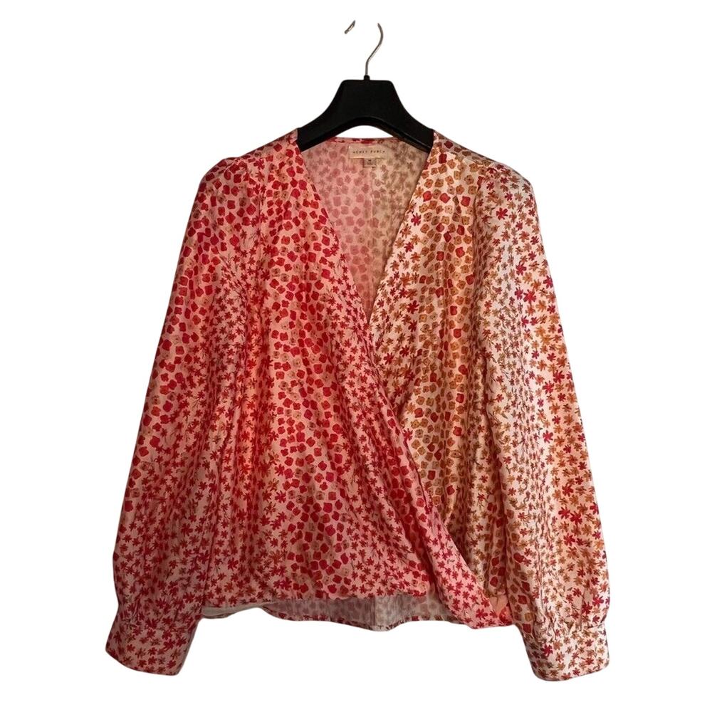 Honey Punch Blouse Multicolor Floral Long Sleeve Surplice Faux Wrap MEDIUM